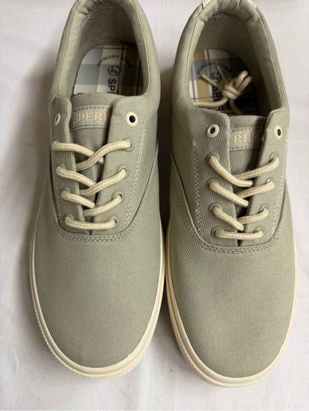 Sperry Men’s Canvas Boat Shoes in Light Olive with Cream Accents